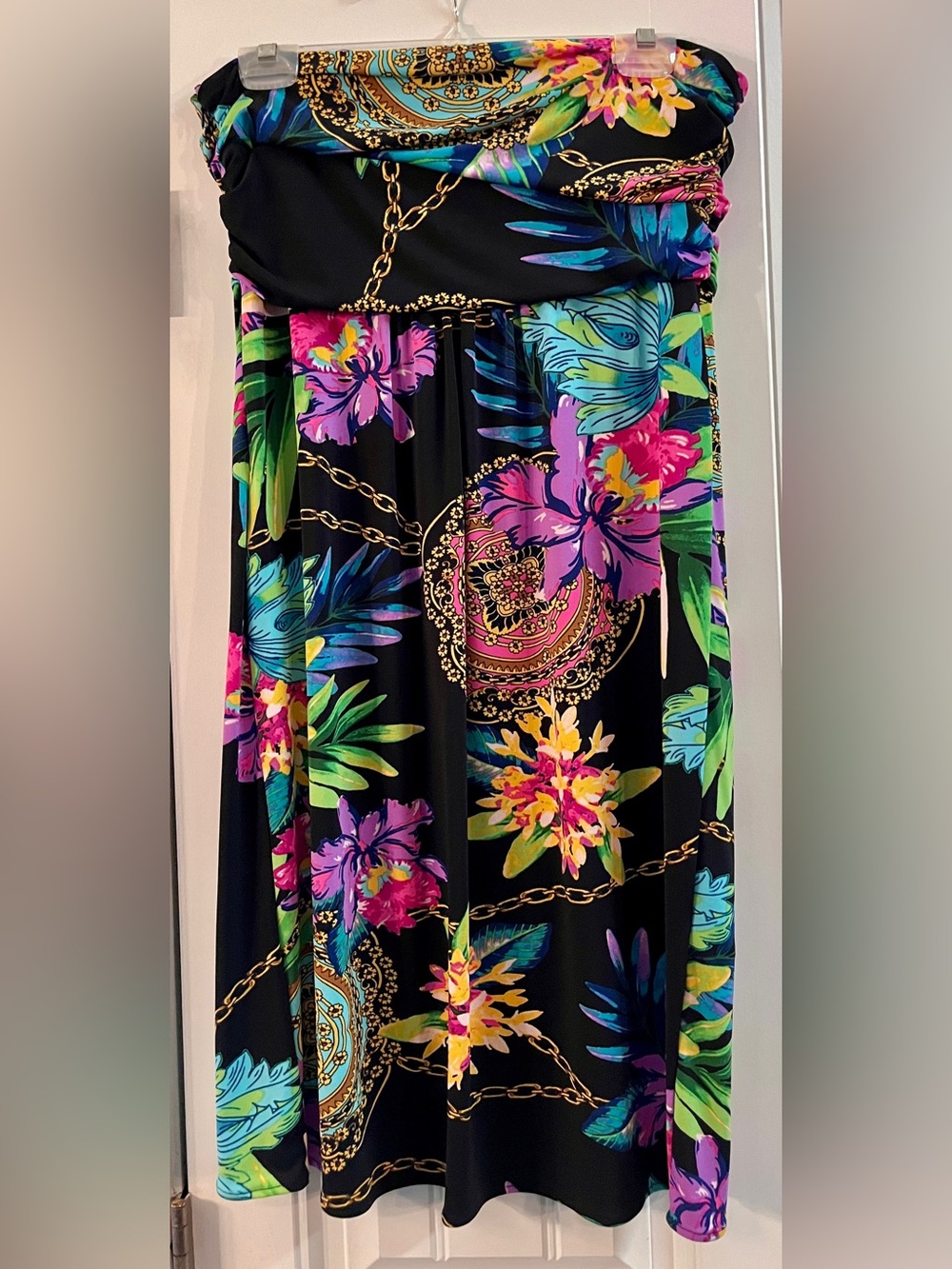 Jennifer Lopez SEXY Black Strapless Tropical Print Dress chain pattern L - Picture 3 of 11